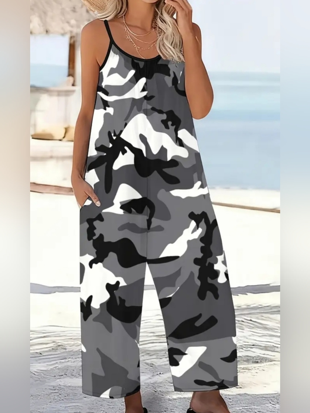 Plus Size - Women'S 4X V-Neck Camo Jumpsuit with Pockets